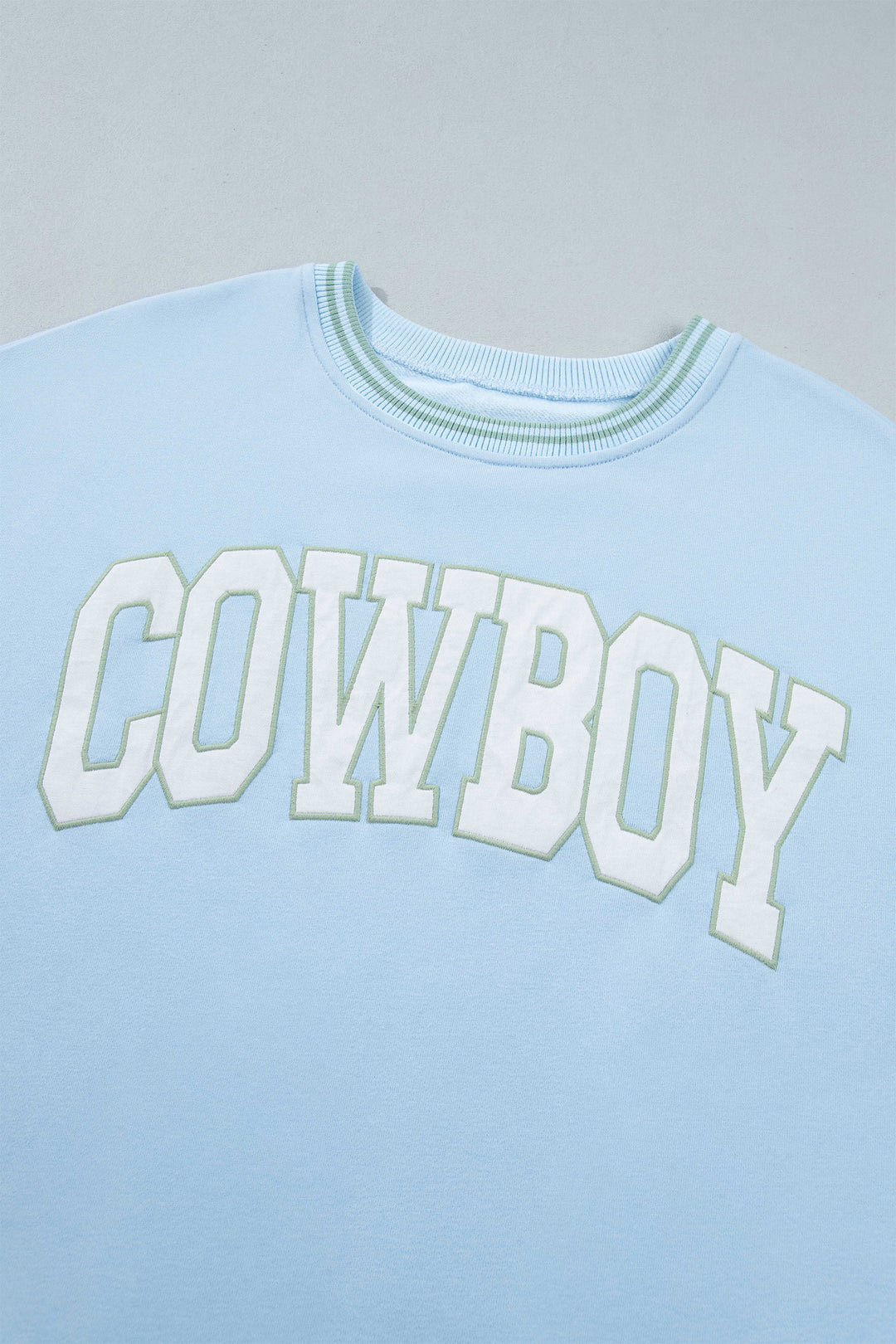Beau Blue Embroidered Cowboy Letter Print Long Sleeve Round Neck Sweatshirt