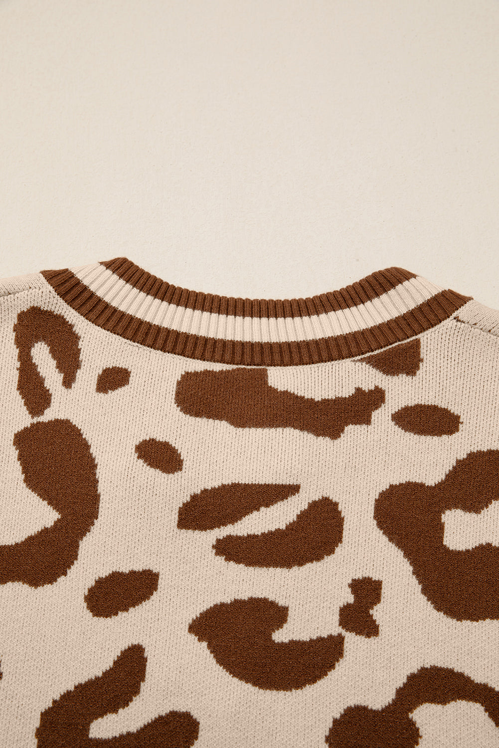 Light French Beige Leopard Printed Knit V Neck Casual Sweater