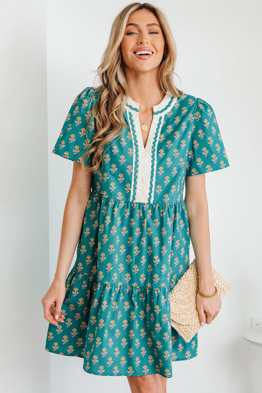 Contrast Trim V Neck Short Sleeve Floral Dress