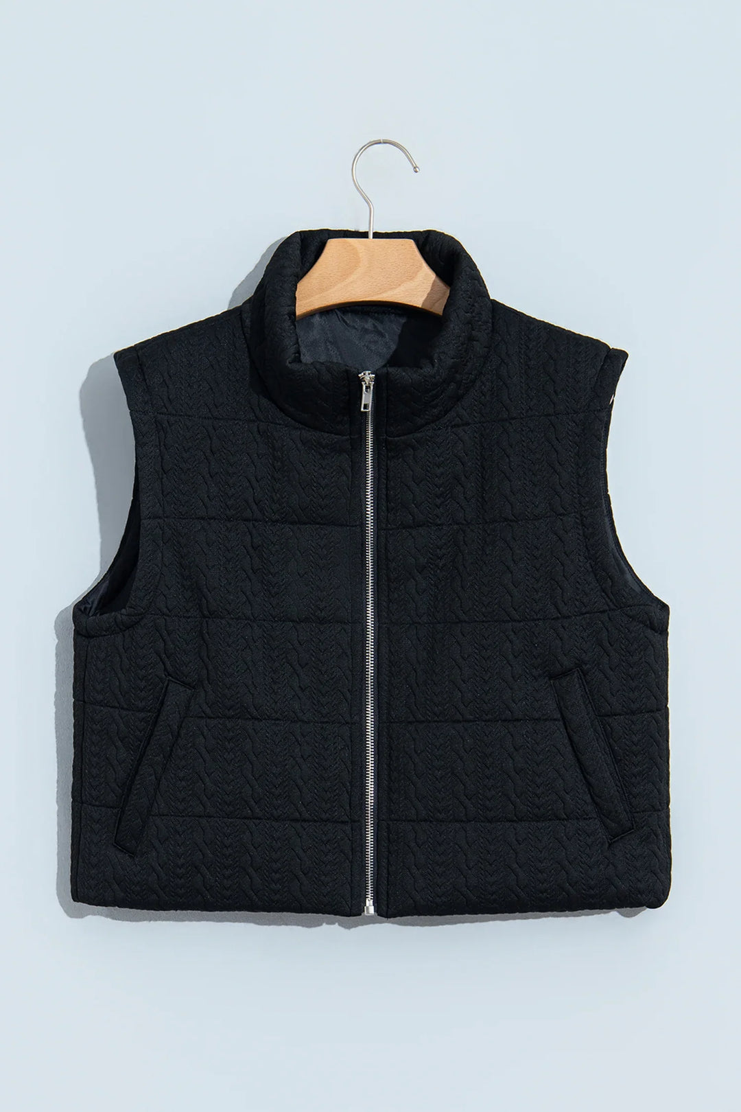 Black Textured Quilted Stand Neck Zipper Winter Vest