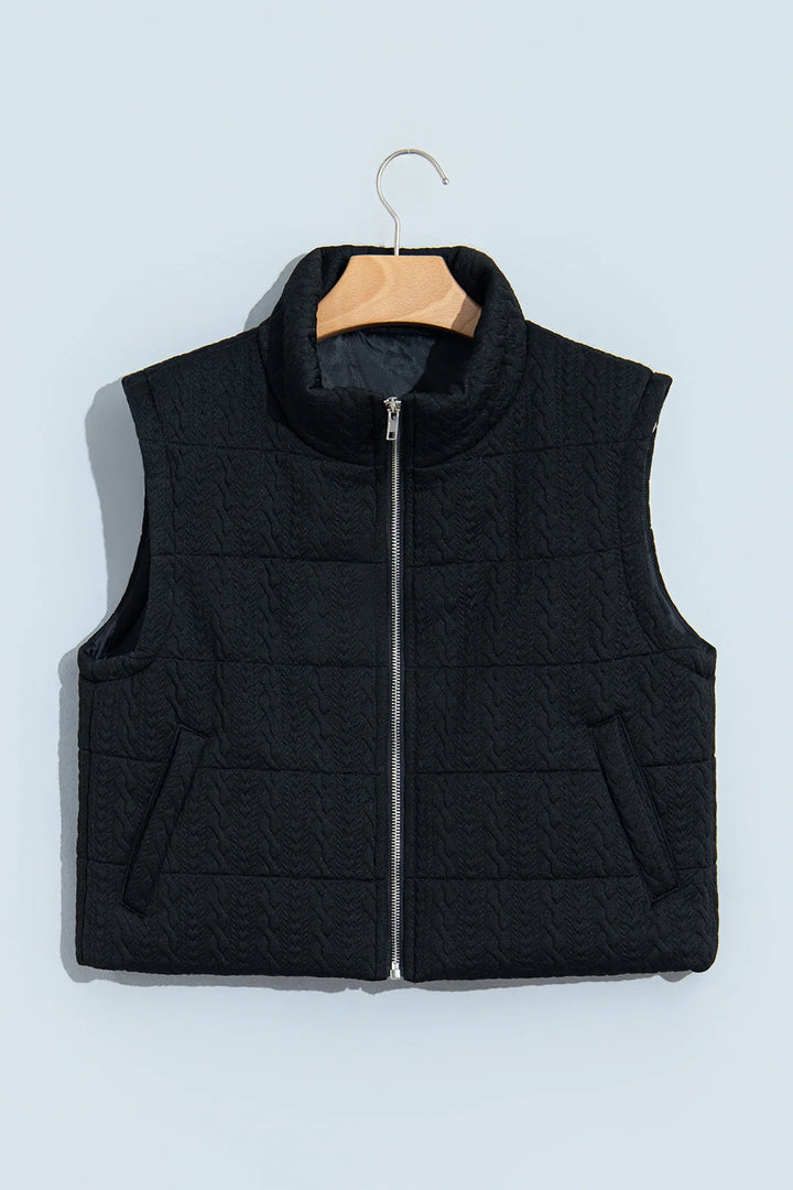 Black Textured Quilted Stand Neck Zipper Winter Vest