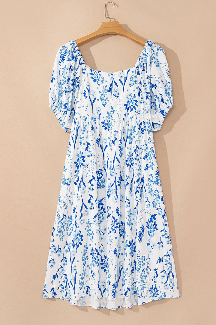 Sky Blue Floral Print Sweetheart Neck Plus Size Midi Dress