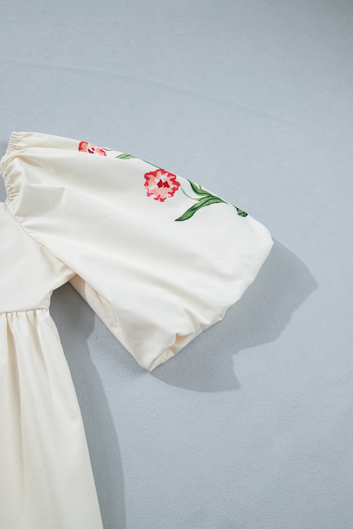 Cute Beige Floral Print Puff Sleeve Babydoll Dress