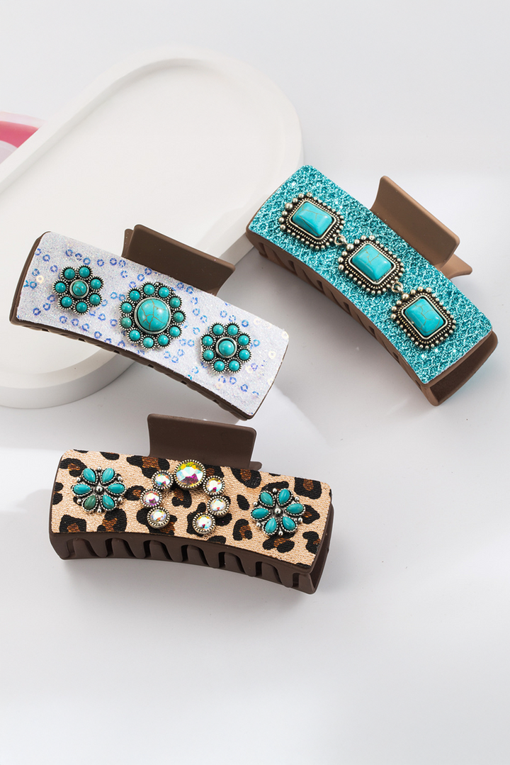 Pince à cheveux à imprimé léopard occidental avec détails turquoise 