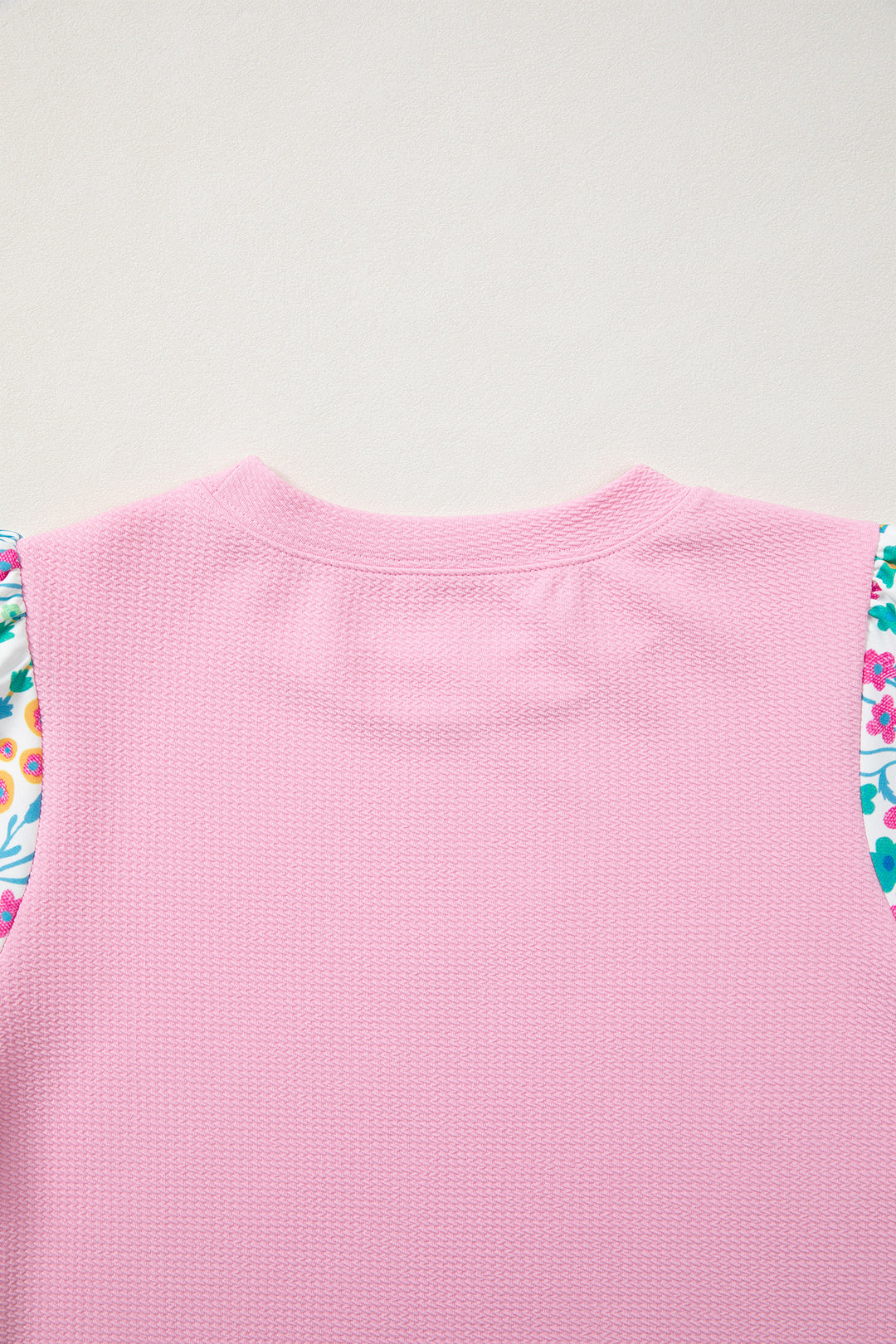 Pink Round Neck Textured Contrast Floral Bubble Sleeve Blouse