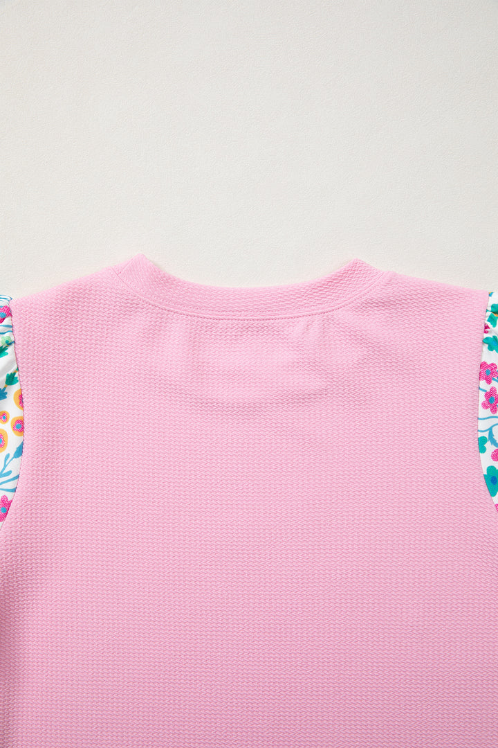 Pink Round Neck Textured Contrast Floral Bubble Sleeve Blouse