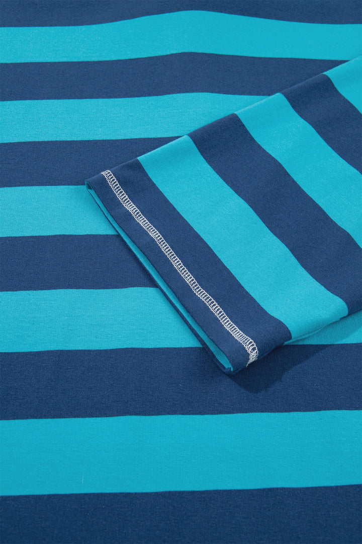 Blue Stripe Contrast Polo Collar Bracelet Sleeve Loose Top