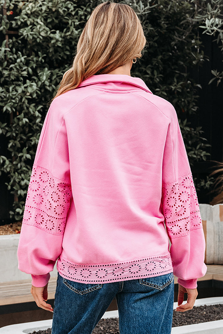 Embroidered Flower Patchwork Snap Buttons Pullover Sweatshirt