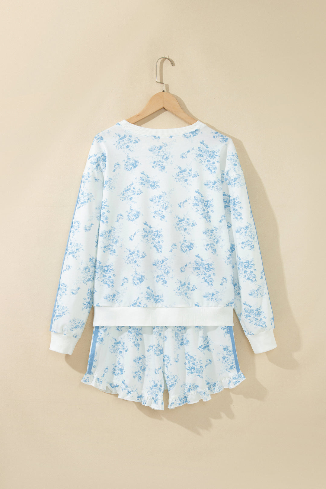 Sky Blue Floral Print Long Sleeve Top Ruffle Hem Shorts 2pcs Set