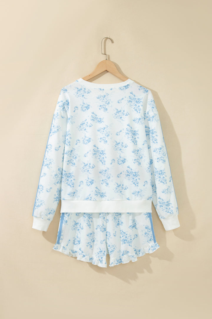 Sky Blue Floral Print Long Sleeve Top Ruffle Hem Shorts 2pcs Set