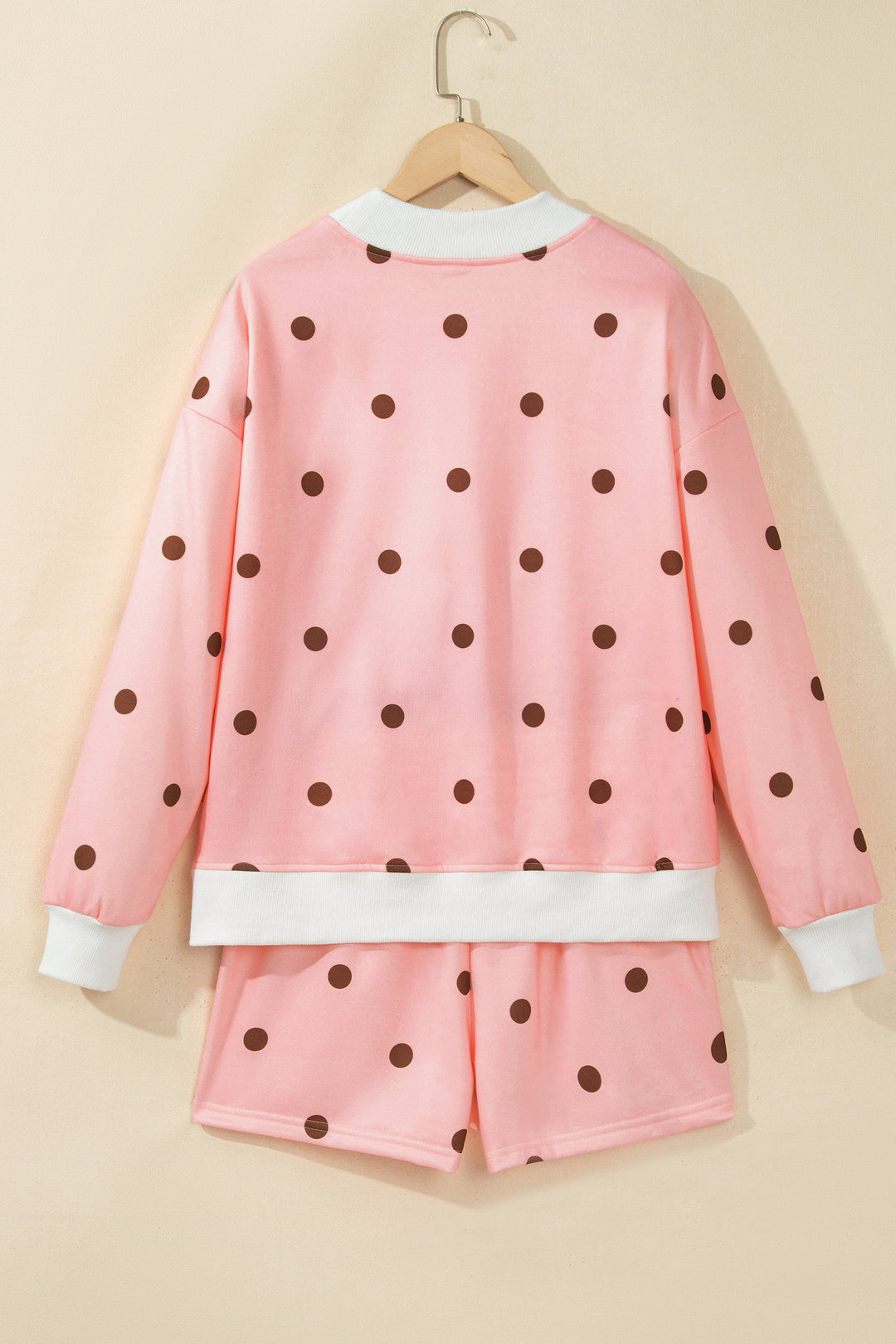 Pink Polka Dot Ribbed Trim Long Sleeve Top Casual Short Set