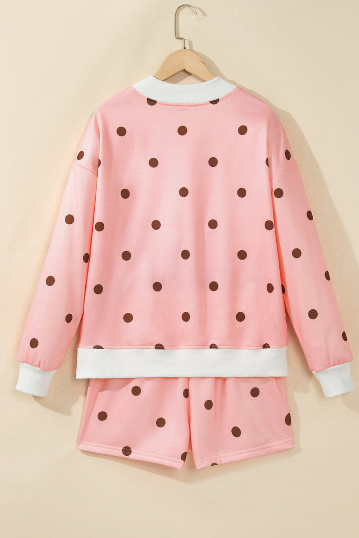 Pink Polka Dot Ribbed Trim Long Sleeve Top Casual Short Set