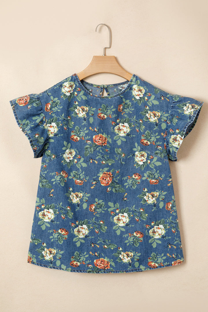 Ashleigh Blue Ruffled Short Sleeve Floral Denim Top