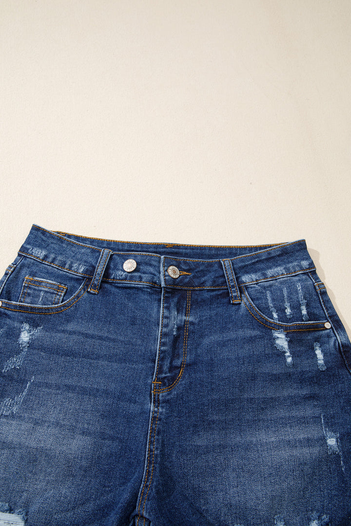 Sail Blue Asymmetric Raw Hem Distressed Whiskery Denim Shorts