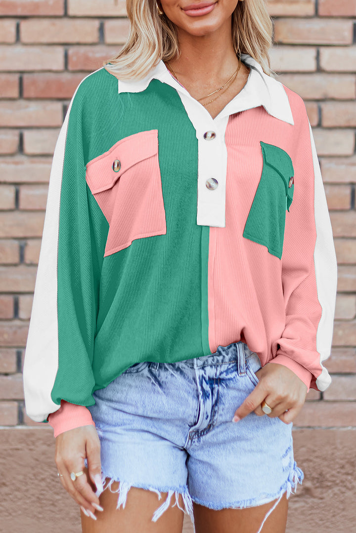 Colorblock Ribbed Collared Oversized Sweatshirt