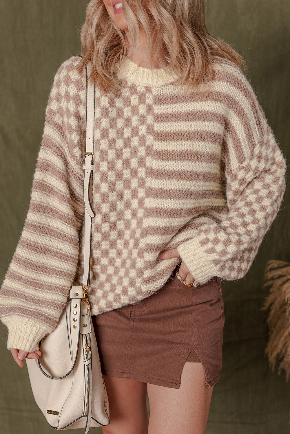Checkerboard Drop Shoulder Balloon Sleeve Sweater