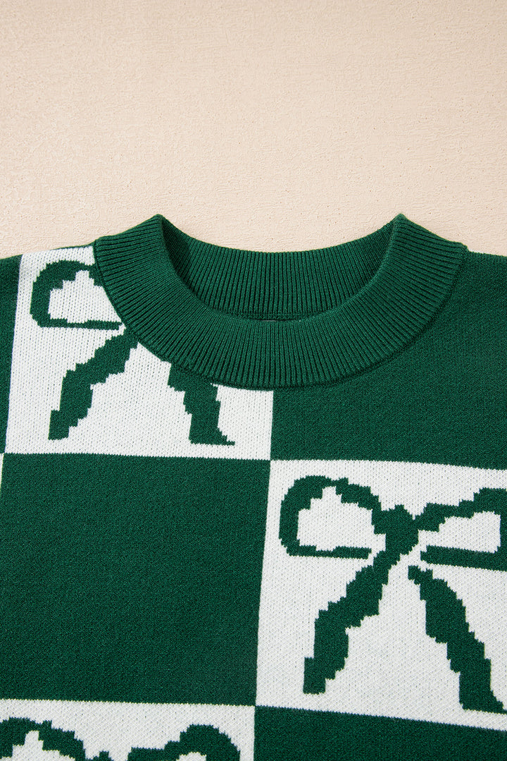 Blackish Green Checkered Bow Print Casual Sweater