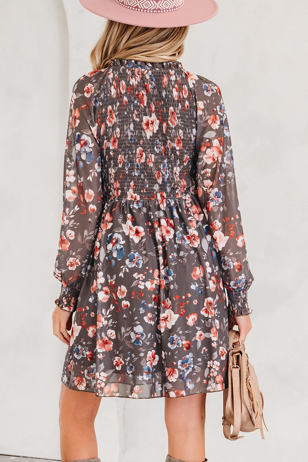 Frilly Smocked Bodice Floral Mesh Long Sleeve Mini Dress