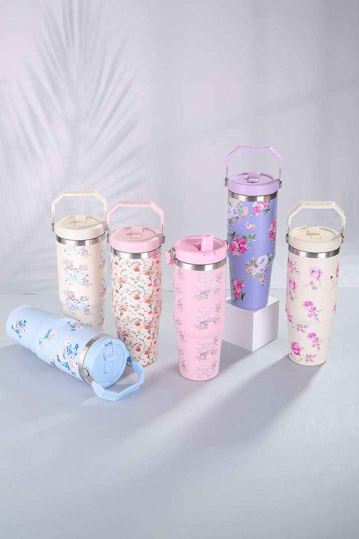 30OZ Trinkbecher mit Strohhalm und Schleife und Blumendruck