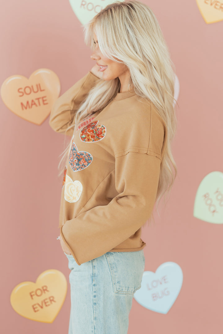 Plaid Floral Heart Stitched Exposed Seam Mineral Wash Sweatshirt