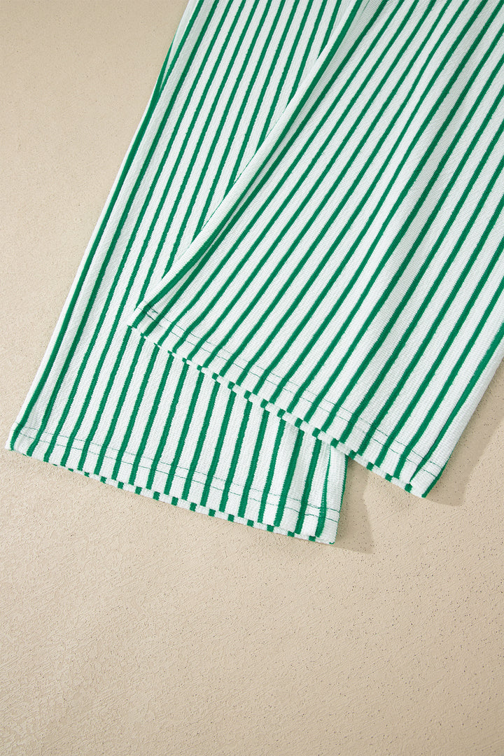 Green Stripe Crew Neck Tee Drawstring Waist Cropped Pants Set