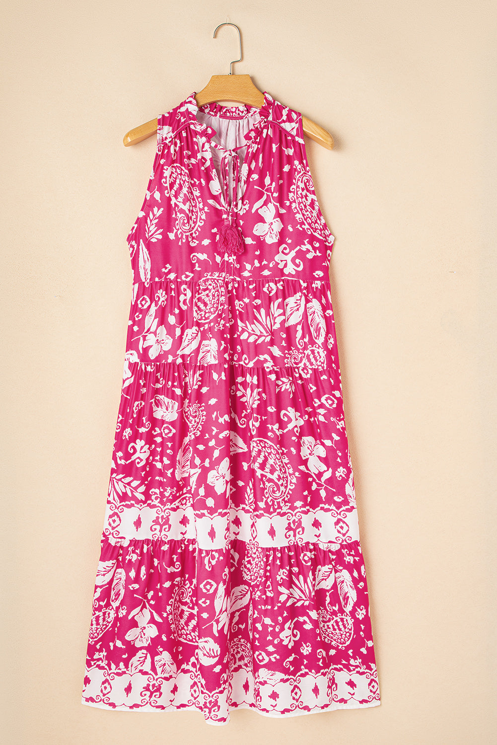 Floral Sleeveless Tasseled Lace-up Neck Tiered Midi Dress