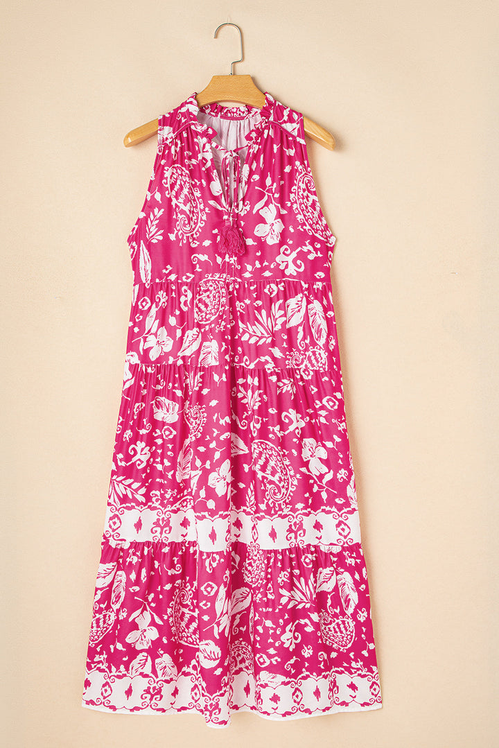 Floral Sleeveless Tasseled Lace-up Neck Tiered Midi Dress