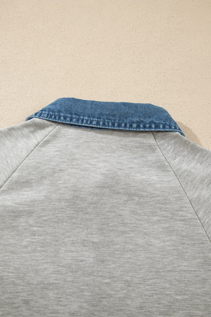Sleet Denim Collar Patchwork Long Sleeve Pullover Top