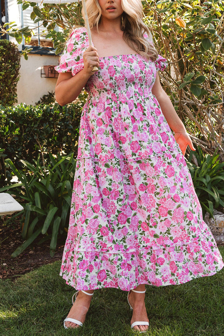 Dainty Floral Smocked Puff Sleeve Flowy Long Dress
