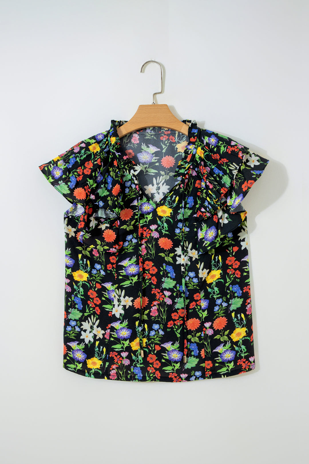 Tiered Flutter Sleeve V Neck Flower Blouse