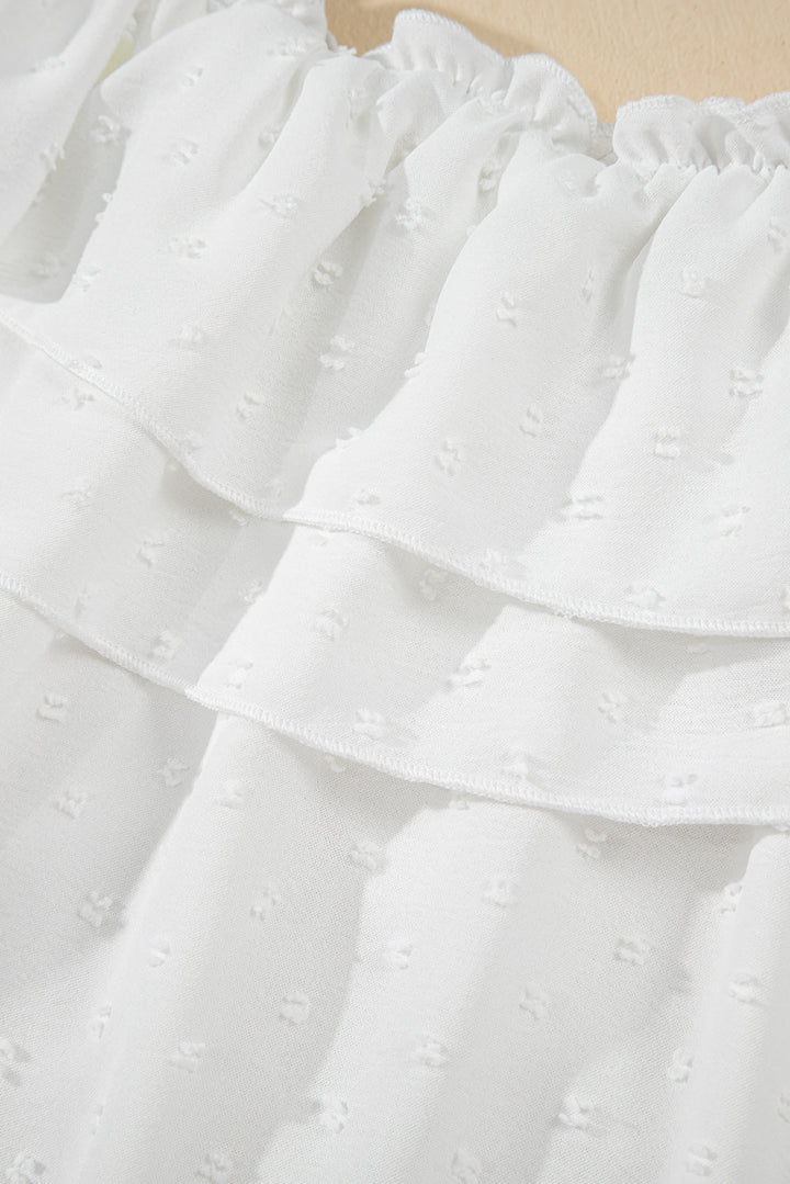off shoulder ruffle knotted detail swiss dot blouse