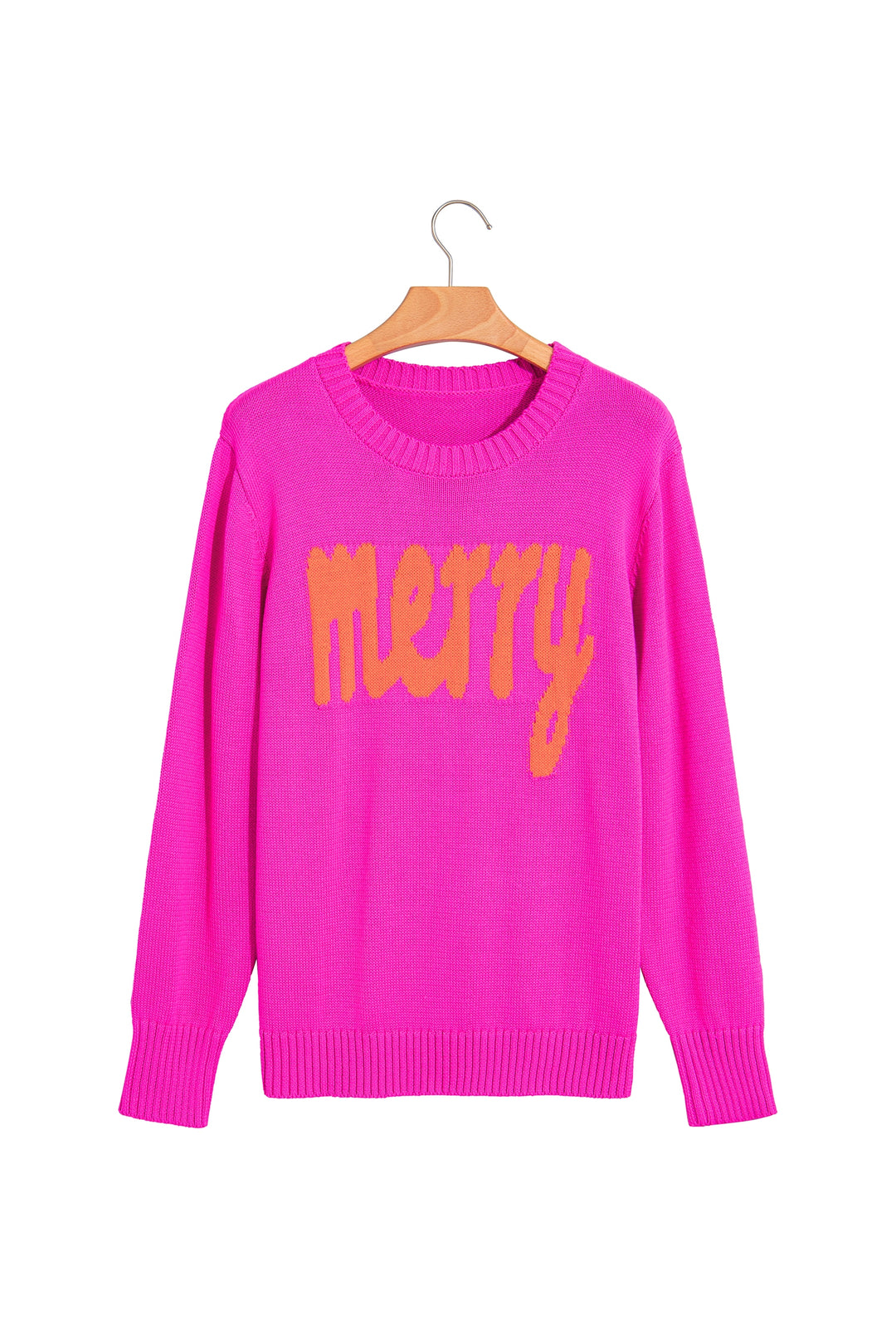 Rose Red Merry Print Ribbed Trim Round Neck Loose Fit Sweater