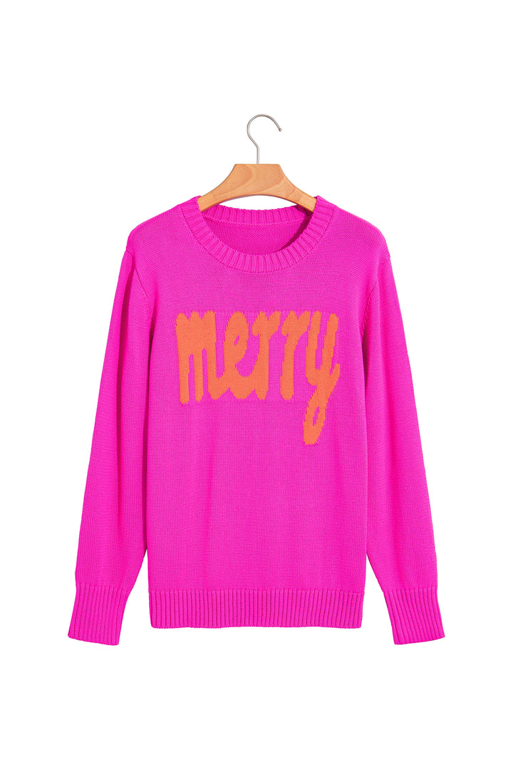 Rose Red Merry Print Ribbed Trim Round Neck Loose Fit Sweater