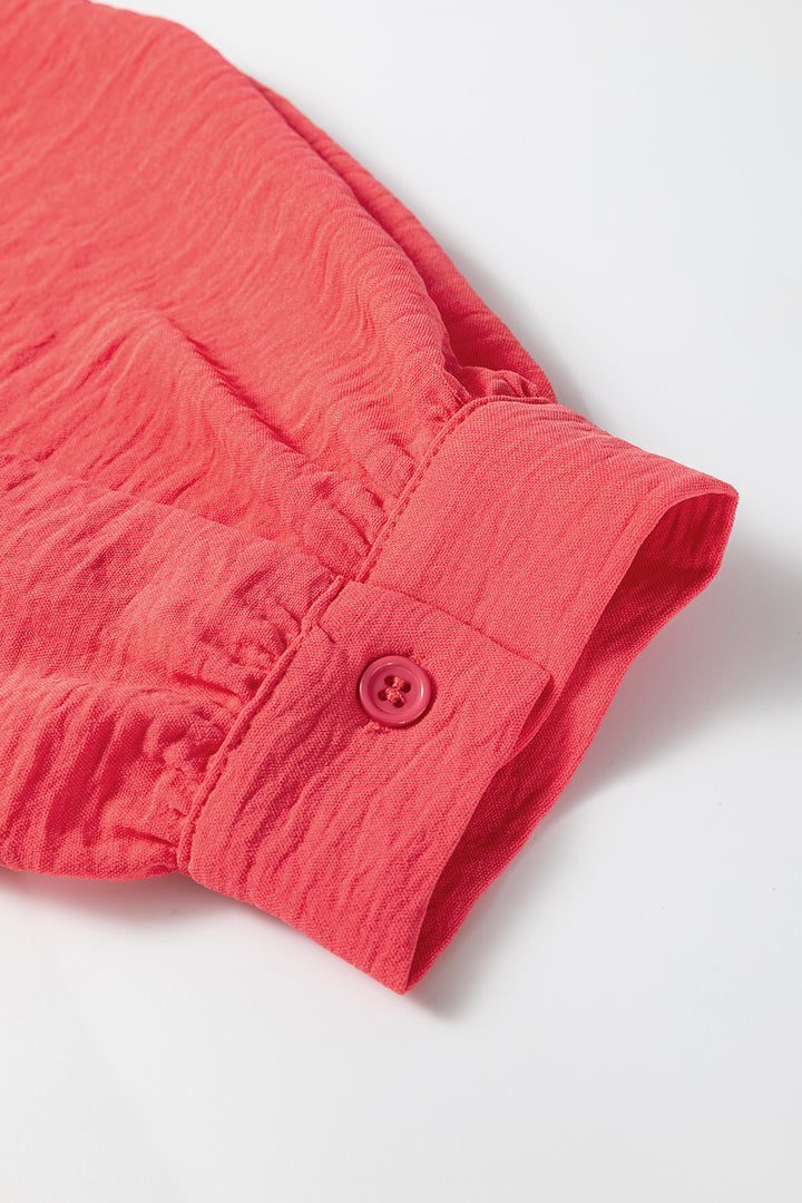Coral Contrast Ricrac Trim V Neck Button Down Long Sleeve Shirt