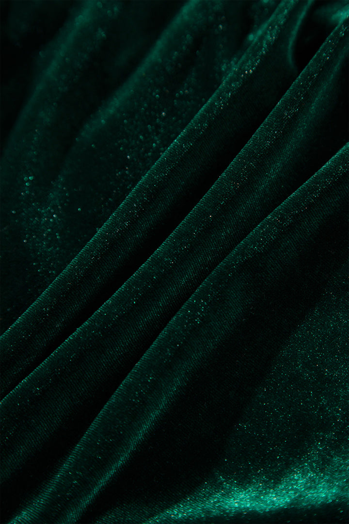 Blackish Green Velvet Short Sleeve Shirred Waist Tiered Plus Size Maxi Dress