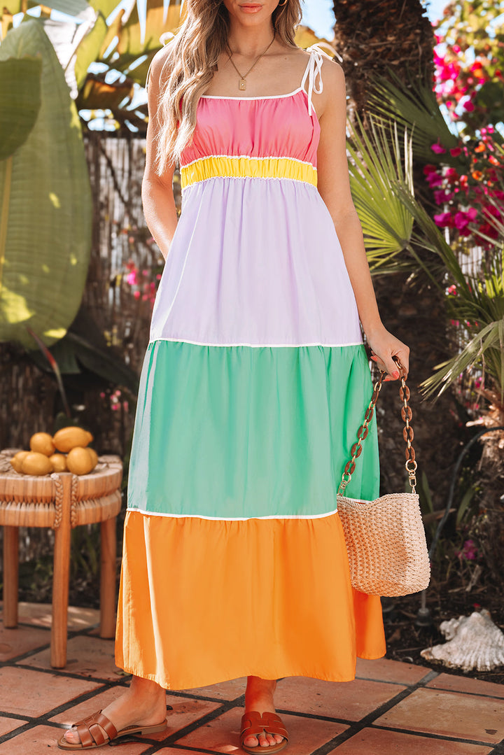 Colorblock Self-tie Straps High Waist Flowy Maxi Dress with Pockets