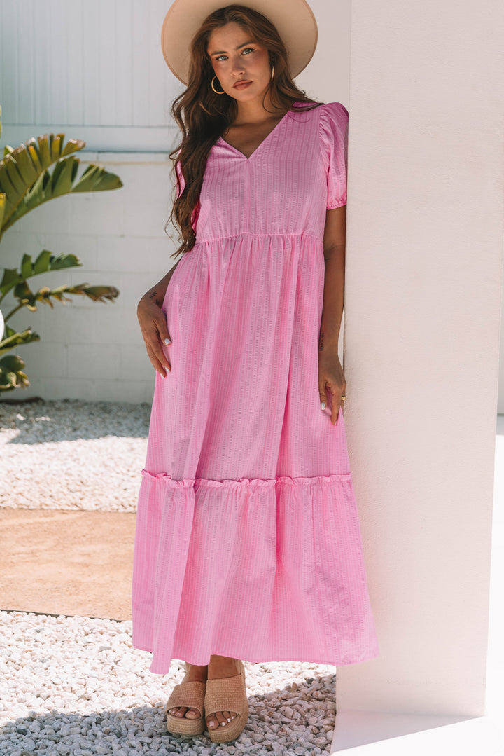 V Neck Puff Short Sleeve Maxi Dress