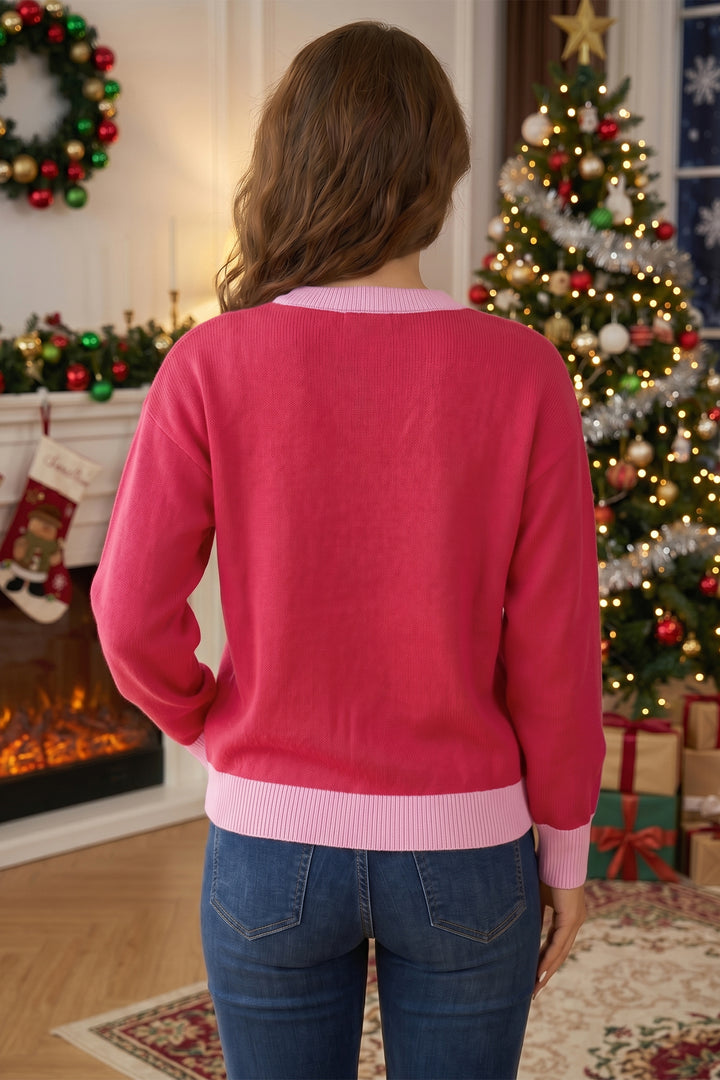Red Round Neck Letter Print Colorblock Sweater