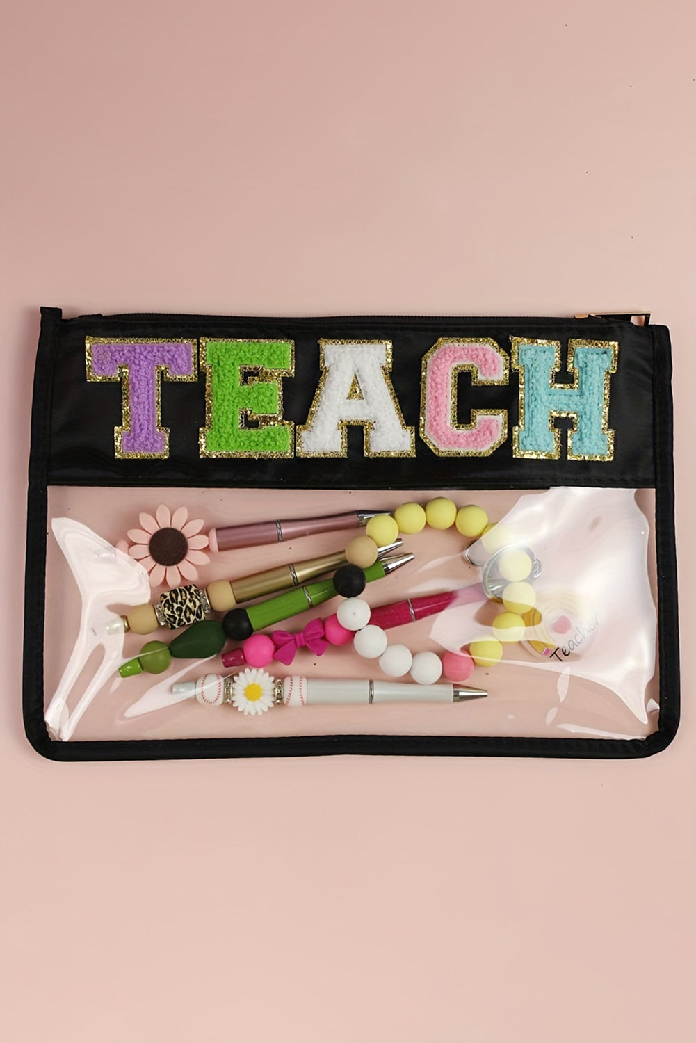 TEACH Glitter Chenille Clear PVC Makeup Bag