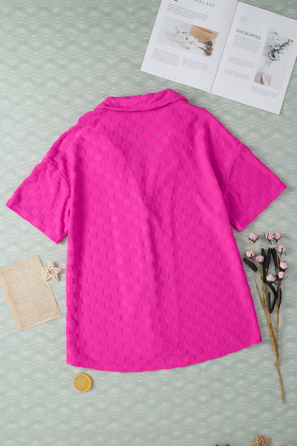 Lapel Neck Checkered Textured Short Sleeve Shirt