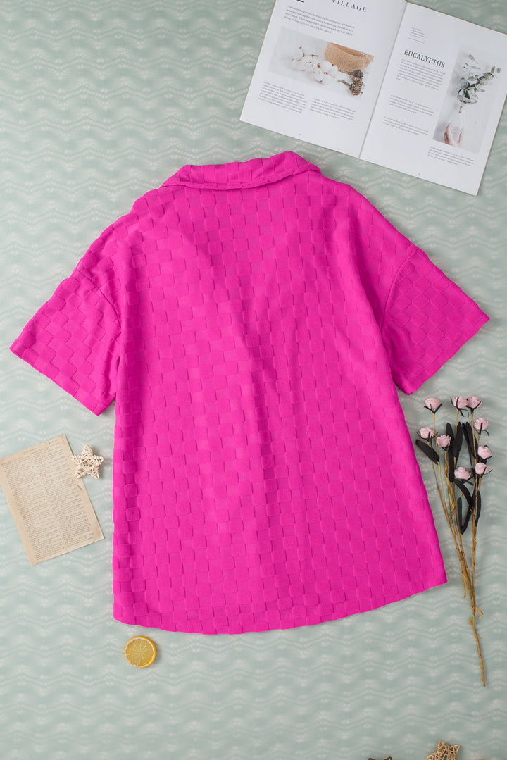 Lapel Neck Checkered Textured Short Sleeve Shirt