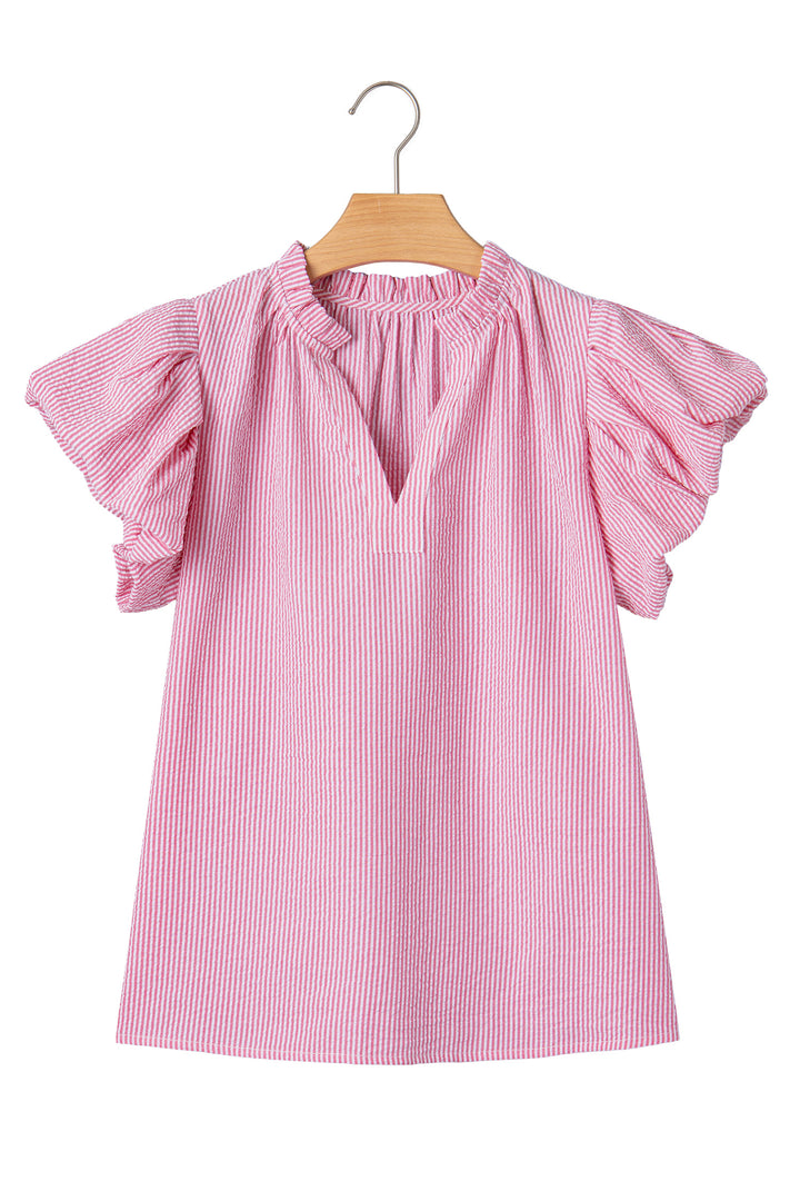 Rose Stripe Short Bubble Sleeve Split V Neck Blouse