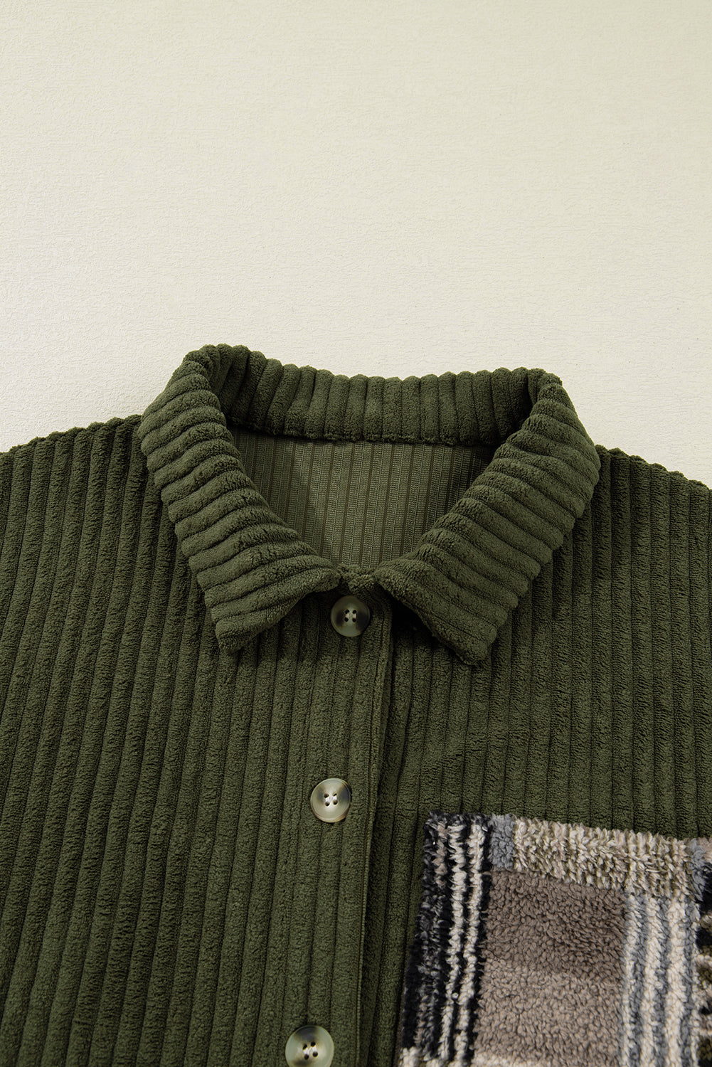 Jungle Green Ribbed Fleece Plaid Print Patchwork Button Up Jacket