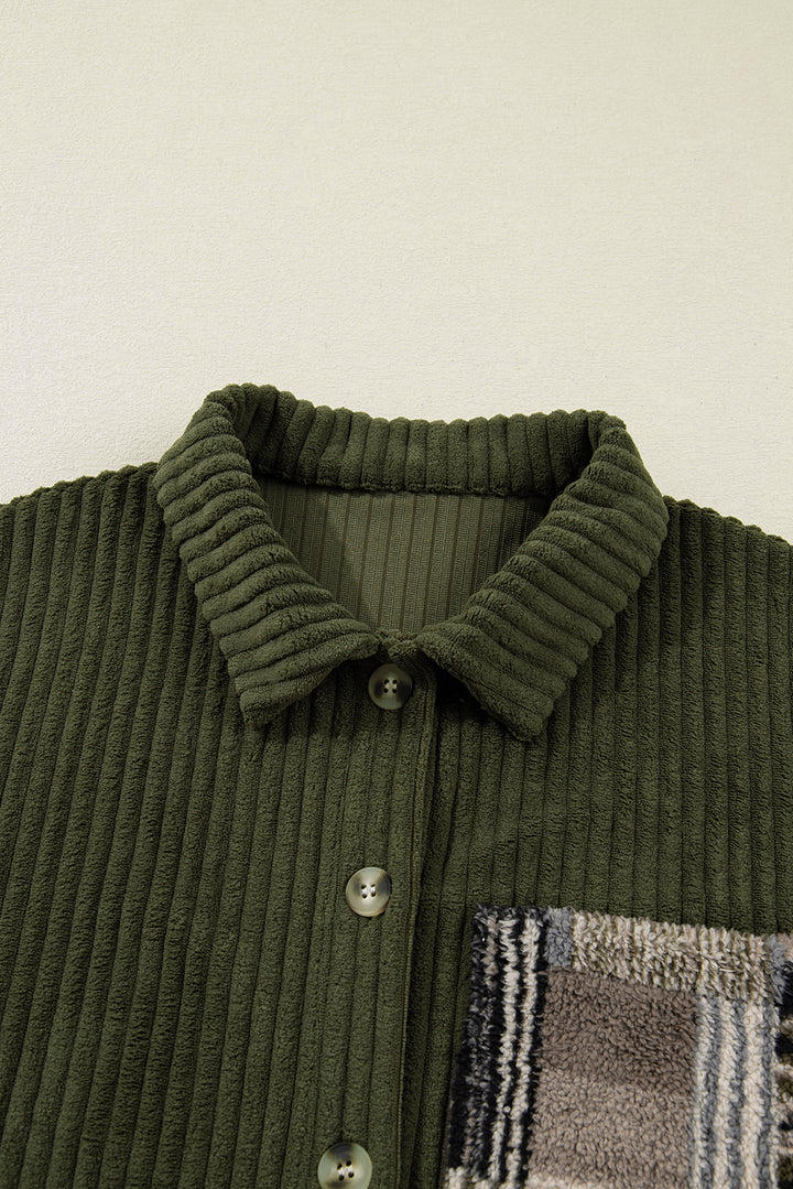 Jungle Green Ribbed Fleece Plaid Print Patchwork Button Up Jacket