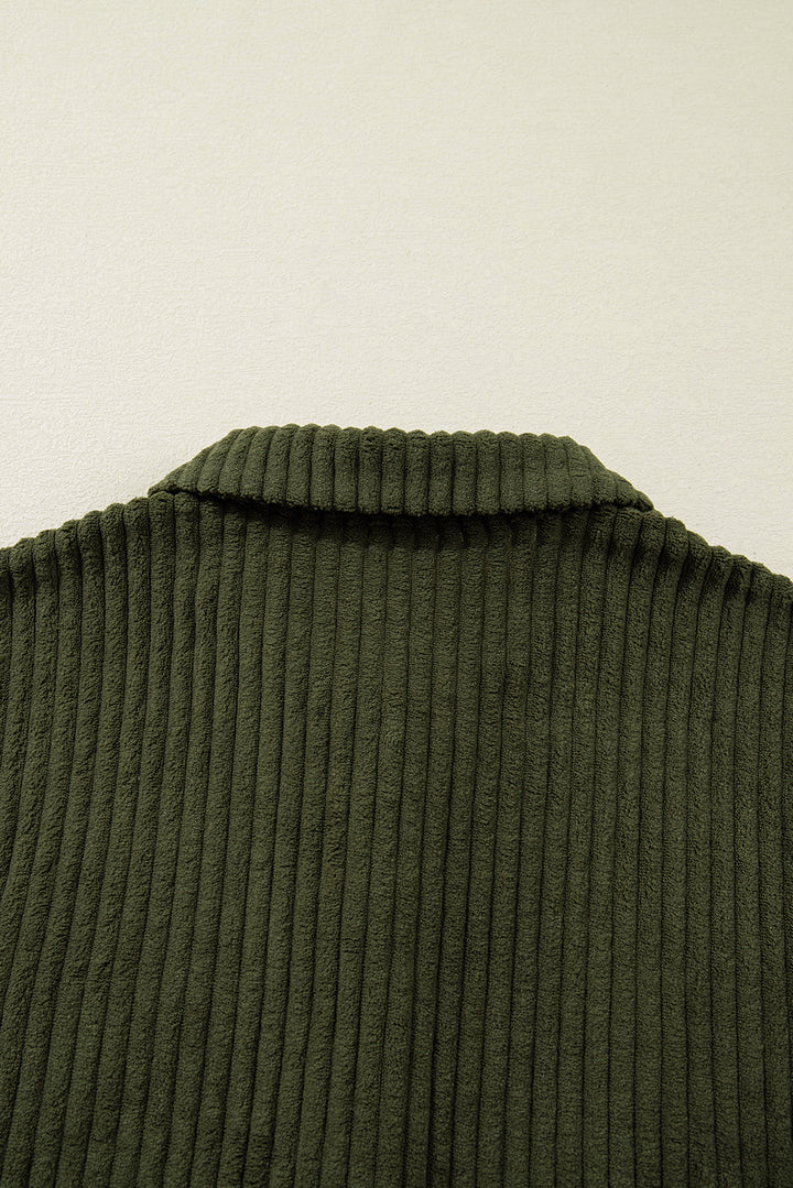 Jungle Green Ribbed Fleece Plaid Print Patchwork Button Up Jacket