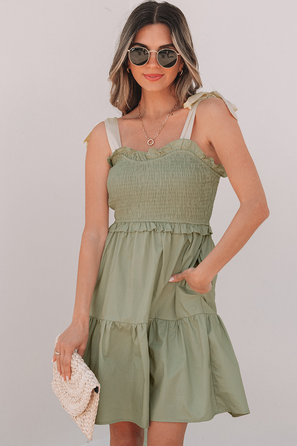 Smocked Bodice Self-tie Straps A-line Ruffled Mini Dress