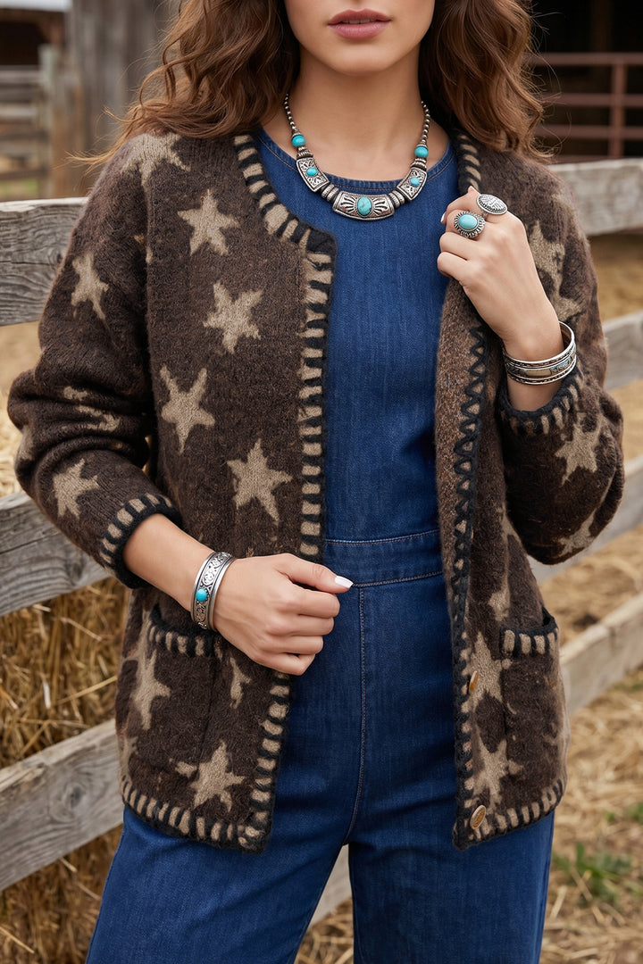 Brown Stars Pattern Colorblock Long Sleeve Shift Wool Cardigan