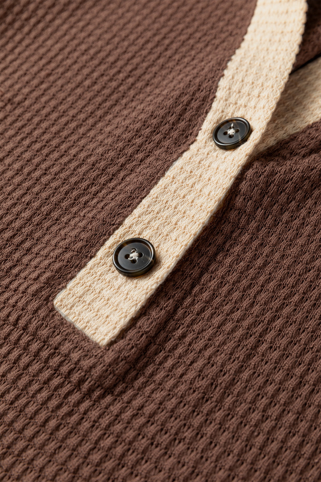 Coffee Waffle Contrast Half Buttoned Hooded Pullover Top