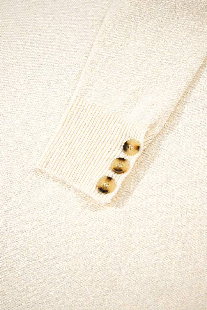 White Buttoned Bishop Sleeve Crew Neck Sweater