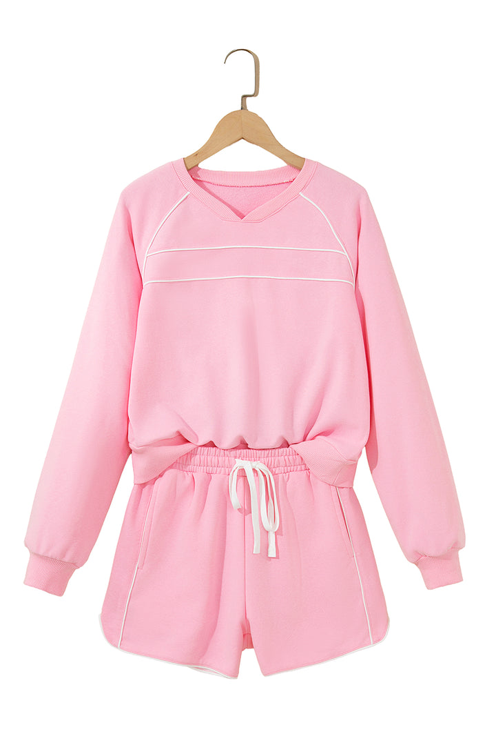 Pink Piping Trim Long Sporty Pullover Drawstring Elastic Waist Shorts Set